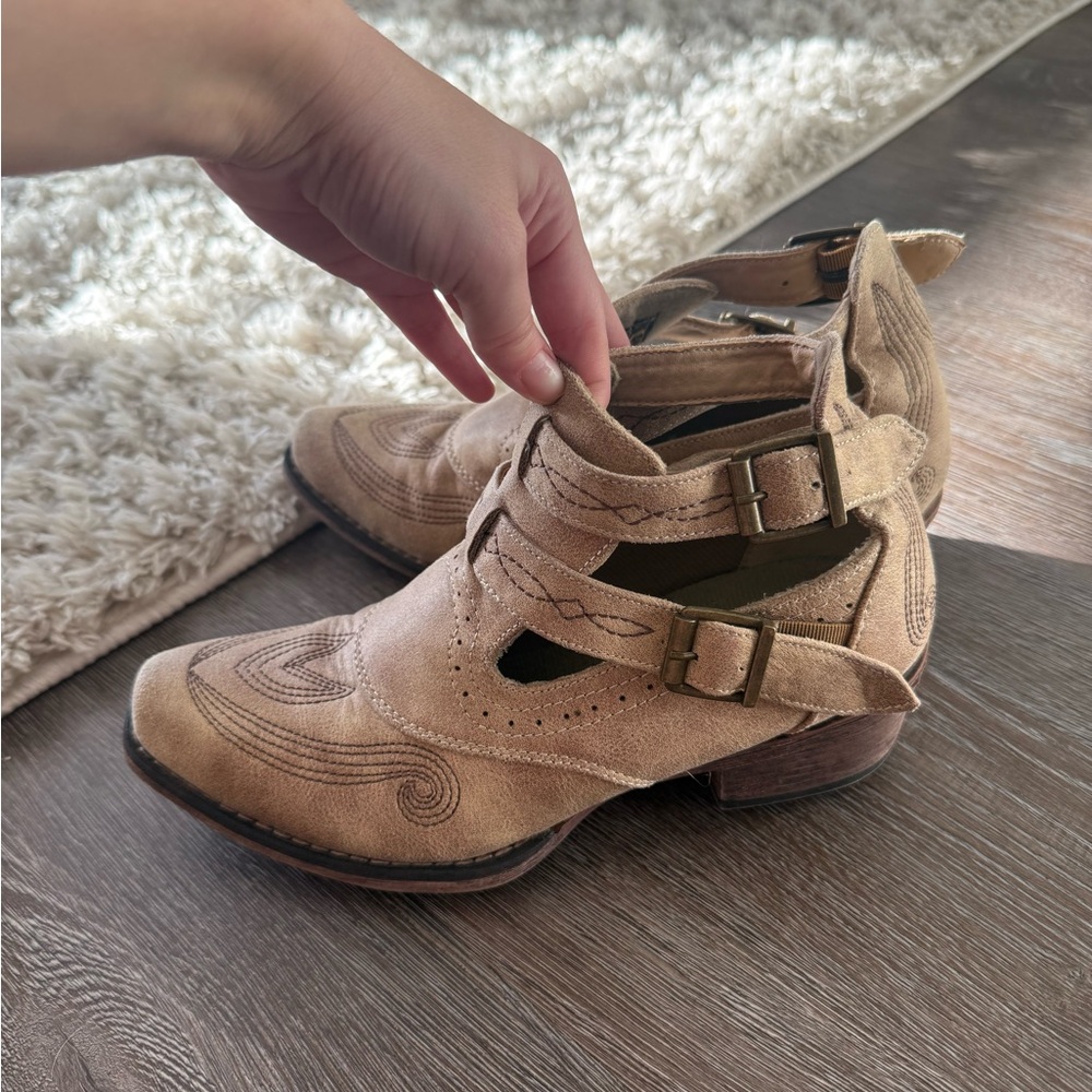 Roper Tan Suede Cutout Ankle Booties with Buckle